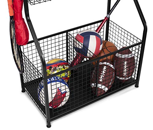 BIRDROCK HOME Sports Equipment Ball Organizer 43"H for Garage -Storage Rack - Baseball, Tennis, Football, Gym Gear - Wide Bin Basket - 4 Hooks - Kids Toy Holder - Hockey Stick Cage | Indoor - Outdoor