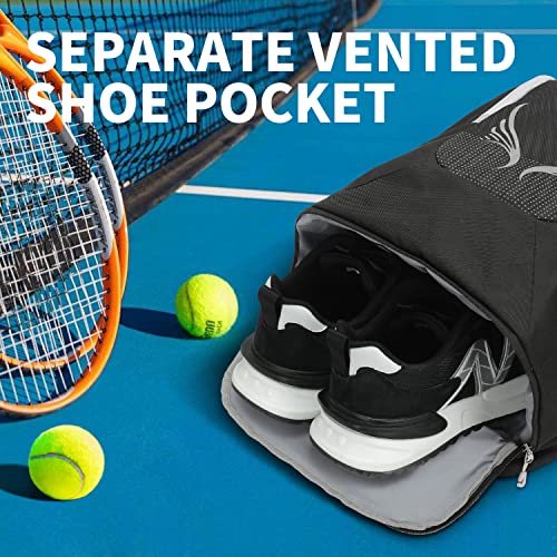 INOXTO 40L Tennis Backpack for Men & Women, Large Pickleball Bag With Independent Shoe Storage, Waterproof & Breathable, Holds 2 Tennis Rackets for Badminton, Travel & Camping - color: Black