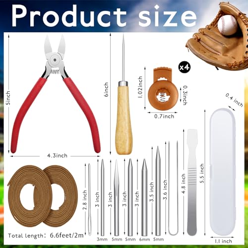 Fabbay 16 Pcs Baseball Glove Lace Kit Glove Relacing Kit 2 Pcs 78.74 Inch Leather Laces 4 Pcs Glove Lace Locks 7 Pcs Lacing Needle Leather Cutter Scratch Awl Tool for Baseball Repair - color: Brown