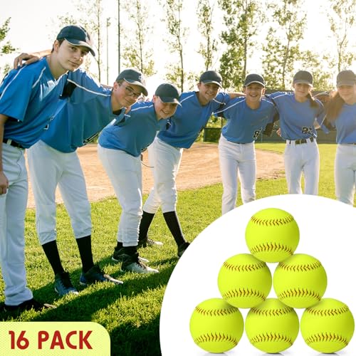 16 Pack Sports Practice Softball with Mesh Bag, Official Size and Weight Slowpitch Softball, Unmarked Leather Covered Youth Fastpitch Ball Training Ball for Training - size: 11 Inch