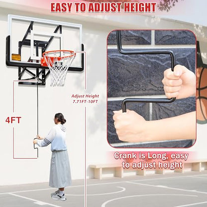 53” Wall Mount Basketball Hoop - Aluminum Alloy Frame & PC Backboard | Adjustable Height 7.71-10ft | Shatterproof, All-Weather | Indoor/Outdoor | Garage/Backyard