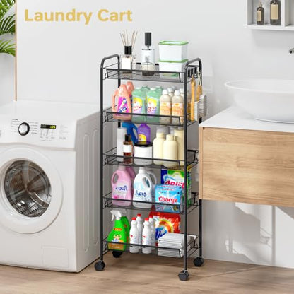 TOOLF 5-Tier Metal Utility Cart with 3 Hooks, Easy Assemble Mobile Storage Trolley On Wheels, Metal Shelving Units Kitchen Bathroom Laundry Room - color: Black, size: 5-Tier
