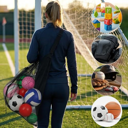 6 Pcs 40" x 30" Large Sports Ball Bag Mesh Soccer Basketball Bags Large mesh drawstring bags with Adjustable Shoulder Strap for Football Volleyball Gym Sports Equipment (Black)