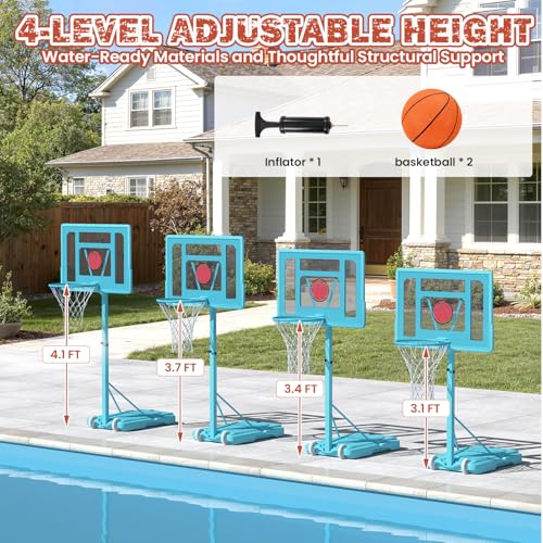 32“x23” Pool Basketball Hoop, 3.1FT-4.1FT Height Adjustable Poolside Basketball Hoop,Include Air Pump,Basketball, Made for Teens, Adults, Blue - color: Blue, size: 3.1-4.1FT