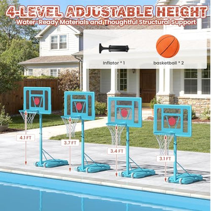 32“x23” Pool Basketball Hoop, 3.1FT-4.1FT Height Adjustable Poolside Basketball Hoop,Include Air Pump,Basketball, Made for Teens, Adults, Blue - color: Blue, size: 3.1-4.1FT