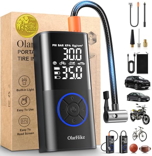 OlarHike Tire Inflator Portable Air Compressor, Smart Dual Hose System, Auto Air Pump for Car Tires, Bicycle,Electric,Bike Pump with LED Light & Digital Pressure Gauge - color: Blue