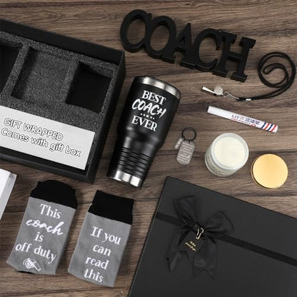 SiliFine 8 Pcs Coach Gifts for Men, 30 Oz Coach Ever Tumbler Gift Coaches Appreciation Thank You Coaches Gifts for Football, Soccer, Softball, Basketball, Gymnastics Cheer Trainer Gift Box(Black)