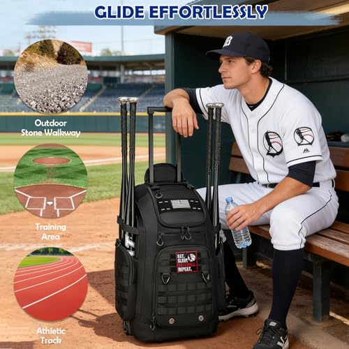 Rolling Baseball Bag with Wheels, Softball Catchers Gear Bags for 4 Bats, Portable Baseball Catcher Bag with Shoe Compartment, Holds All Softball Baseball Equipment - color: Black