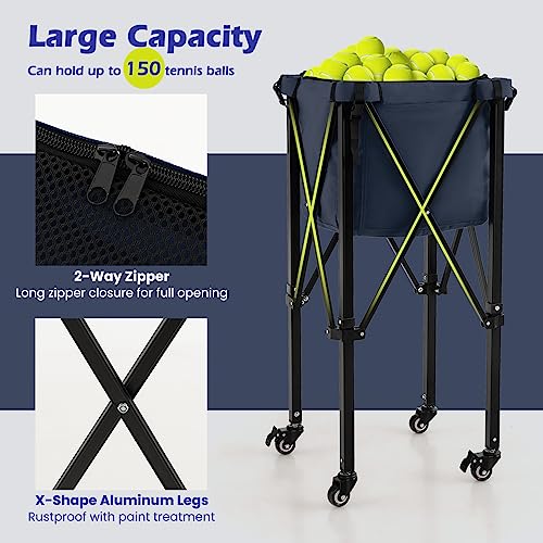 GYMAX Tennis Ball Hopper, Folding 150 Tennis Ball Holder Cart with Carry Bag, Easy Assembly Frame, Removable Bag & 4 Universal Wheels, Portable Durable Tennis Ball Basket for Ball Pickup - color: Navy Blue