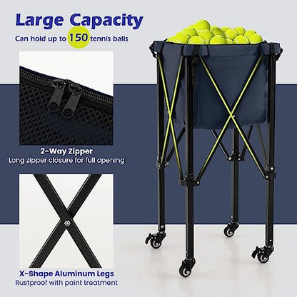 GYMAX Tennis Ball Hopper, Folding 150 Tennis Ball Holder Cart with Carry Bag, Easy Assembly Frame, Removable Bag & 4 Universal Wheels, Portable Durable Tennis Ball Basket for Ball Pickup - color: Navy Blue