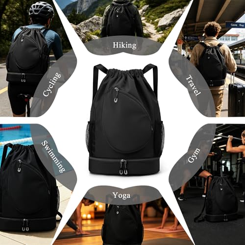 Sports Drawstring Backpack, Badminton Gym Bag Holds 2 Rackets with Shoe Compartment, Off-work, Everyday & Overnight Weekend - color: Black