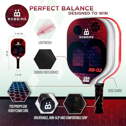 Pickleball Set with Net | 4 USA Pickleball Approved Carbon Fiber Paddles, Portable Regulation Size Net System, 8 Outdoor Balls, Court Marker Kit, Duffle Bag & Carry Bag - ROBBIMS