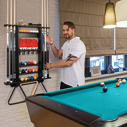 XCSOURCE Pool Stick Holder - 2-IN-1 Pool Cue & Ping Pong Paddle Rack, Solid Pine Wood Wall Mount for Billiards and Table Tennis Accessories, Man Cave, Game Room - color: 2-IN-1 Black