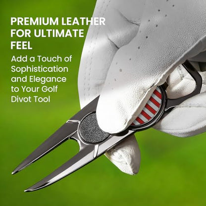 FINGER TEN Golf Divot Repair Tool and Ball Marker 7-in-1 Value 2 Pack, Premium Leather Grip Tools with Belt Clip, Club Tee, Club Groove Cleaner, Bottle Opener, Putting Alignment Guide - color: Glossy Black