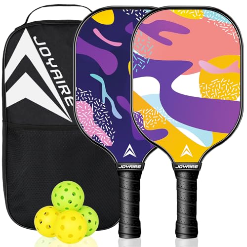 Carbon Fiber Pickleball Paddles Set of 2, USAPA Approved T700 Raw Carbon Face, Lightweight 7.5oz Honeycomb Core Pickle Ball Rackets, High Spin, Includes 4 Balls & Portable Bag - color: 2 Pack Pink & Purple