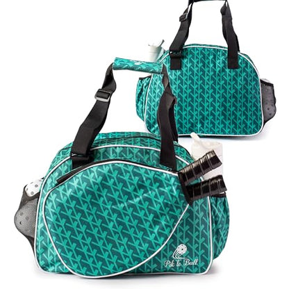 Pik’le’Ball Sport Premium Women's Pickleball Bag – Stylish and Versatile Sports Bag with Water Bottle Holder, Padded Paddle Pocket, and Spacious Design (fits 2+ Paddles!) - color: Court Couture Green