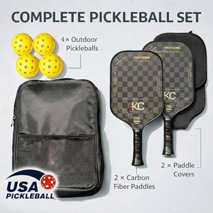 Pickleball Paddle Set – 18K Friction Carbon Fiber Paddles with Covers, 2 Thermoforming 4-Layer Rackets, 4 Outdoor Pickleballs & Carry Bag | USAPA Approved Lightweight & 16MM Polymer Honeycomb Core