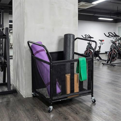 MyGift Mesh Fabric Multi Sports Ball Storage Rolling Cart with Matte Black Metal Frame, and Angled Handles, Garage, Gym or Playground Basketball, Soccer Ball Cage Equipment Basket with Caster Wheels