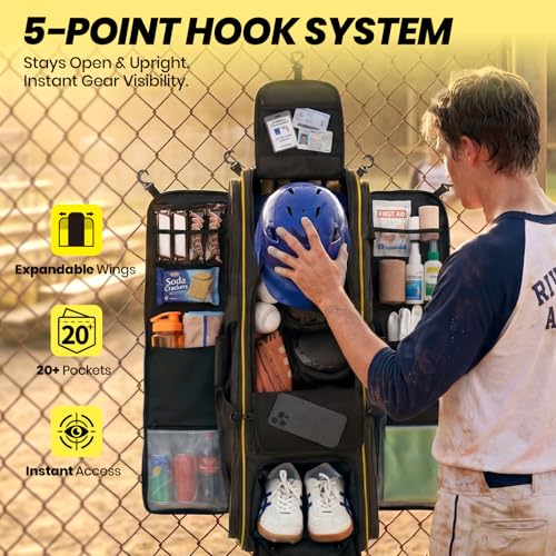100L Rolling Catchers Gear Bag - Large Baseball & Softball Duffle with 5 Fence Hooks, Locker-Style Organizer, Holds 8 Bats, Vented Shoe Zone - Essential Pro Edition - color: Prime Black