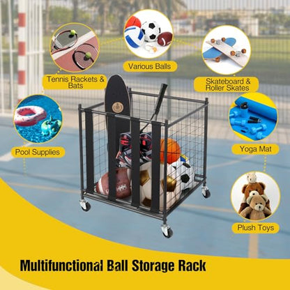 RedSwing Ball Storage Bin Rolling Sports Ball Cart, Metal Garage Sports Equipment Organizer with Elastic Straps,Volleyball Softball Basketball Cage Storage Rack for Garage Playgroup Gym School