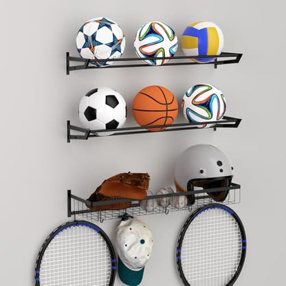 BTY Ball Holder Wall Mount Garage Sports Equipment Organizer 3 Separate Wall Ball Storage Rack with 6 Hooks for Basketball Football Soccer Volleyball