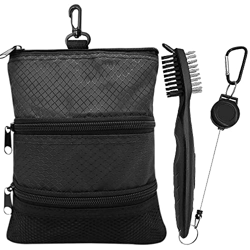 Amy Sport Golf Bag Accessories Valuables Pouch Bags Multi Pocket Zipper Hook with 10 Pcs Wood Golf Tees for Men Women - color: Dark With Brush