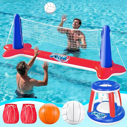 JOYIN Inflatable Pool Float Set Volleyball Net & Basketball Hoops, Balls Included for Kids and Adults Swimming Game Toy, Summer Floaties, Volleyball Court |Basketball,L-Red - color: Red, size: Large