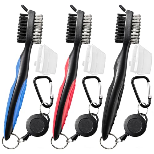 POIKSHARK Golf Club Brush and Club Groove Cleaner with Retractable Zip-line and Aluminum Carabiner Cleaning Tools - color: 3 Pack-Black/Red/Blue