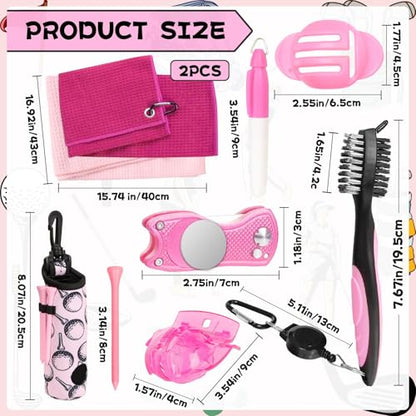 Golf Accessories Kit Golf Club Cleaning Kit Club Groove Cleaner Brush Divot Repair Tool Golf Towel with Clip Ball Bag with Hook Ball Alignment Kit Marking Pen Golf Gift Set Women - color: Pink