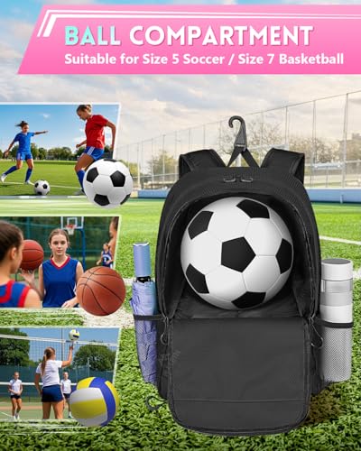 MATEIN Girls Soccer Backpack, Large Basketball Bag with Ball Holder & Shoe Compartment for Tournament & Game Day, Lightweight Youth Sports Bag with Fence Hook Fits 15.6 Inch Laptop, Soccer Team Gifts - color: Black