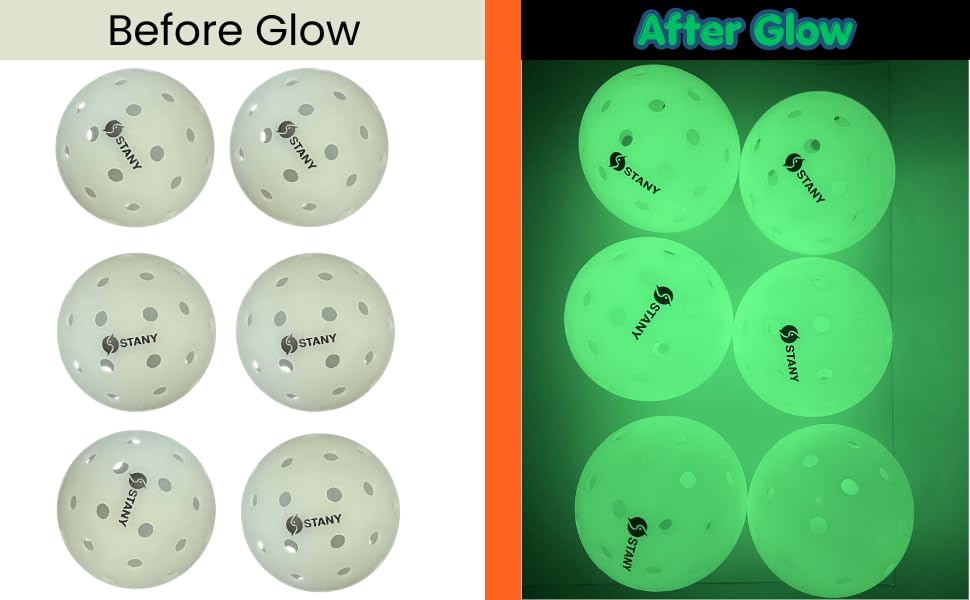 STANY Glow-in-the-Dark Pickleball Balls, Luminous, USAPA Standard, Indoor/Outdoor, 40 Holes, Ultra Visible, Nighttime Play, Unique Gift for Pickleball Lovers –6 Pack, Glows Green