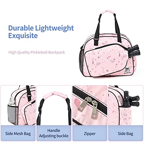 Boulder Bee Pickleball Bags, Premium Pickleball Tote Bag for Girls, Women’s Hand/Shoulder Gym Bag w Water Bottle Holder, with Pickleball Racquet/Paddle Holder - color: Pink Triangles