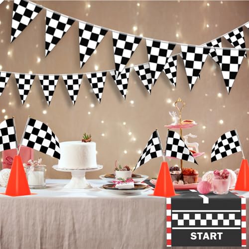 AHIER 38 Pcs Traffic Cones and Racing Flags Set - 12 Plastic Cones With Hole, 24 Checkered Flags With Sticks, 6.5Ft Racetrack Floor Runner and 9.8ft Race Track Banner