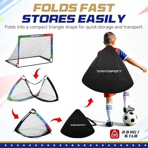 VAVOSPORT Kids Soccer Goals for Backyard Set, 2 Pack Portable Pop Up Soccer Goal with Soccer Net, Size 3 Soccer Ball, Pump, 10 Cones and Carry Bag, Toddler Soccer Training Equipment for Outdoor Games