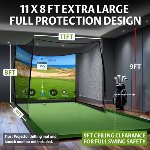 Golf Net, 11x8ft Golf Simulator Hitting Net with Impact Screen and Target Cloth, Heavy Duty Spacious Practice Cage for Drivingb bSwing, Home Backyard Garage Indoor Outdoor Use