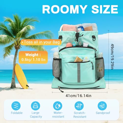 Drawstring Backpack, Waterproof Sandproof Beach Backpack for Sport Gear Small Gym Bag with Hidden Ball Net Pocket and Seperated Wet Pocket Draw String Back Bag for Women Men, Green - color: Green