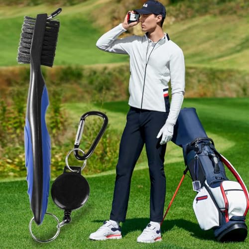 OBTANIM 2 Pack Golf Club Brush Groove Cleaner Tools with Retractable Zip-line Aluminum Carabiner for Golf Club Bag Accessories - color: Black and Gray