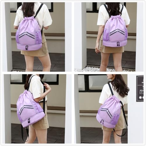 Sports Drawstring Backpack Bag - Waterproof Gym Drawstring Bags with Shoes Compartment and Water Bottle Pockets - Cinch String Backpack - Swim Drawstring Beach Bags for Women & Men, Purple - color: Purple