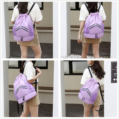 Sports Drawstring Backpack Bag - Waterproof Gym Drawstring Bags with Shoes Compartment and Water Bottle Pockets - Cinch String Backpack - Swim Drawstring Beach Bags for Women & Men, Purple - color: Purple