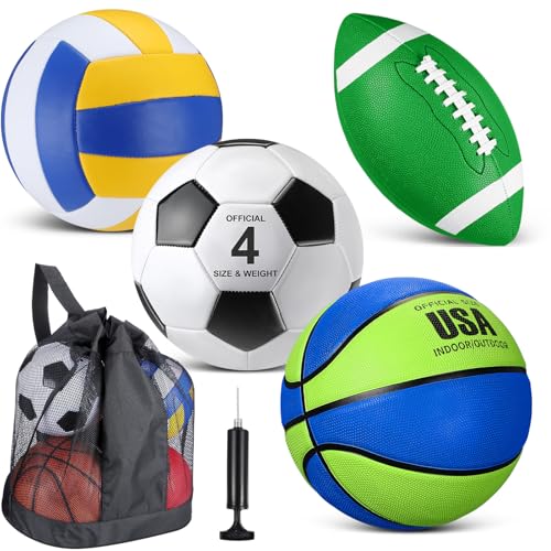 HyDren 4 Pcs Assorted Sports Balls Set for Kids Back to School Recess PE Equipment Official Size Basketball, Soccer, Football, Volleyball with Carry Bag and Pump for Outdoor Playground Gift - color: Green