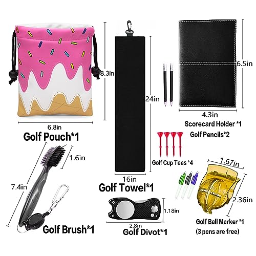Golf Valuables Pouch, Leather Golf Tee Pouch with Drawstring Closure Golf Ball Tee Handbag Portable Golf Accessories - color: Ice Cream Pink