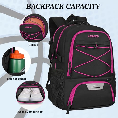 LARIPOP Basketball Backpack Large Basketball Bag with Ball Holder & Shoe Compartment for Youth Adults Men Women - color: Rose Red