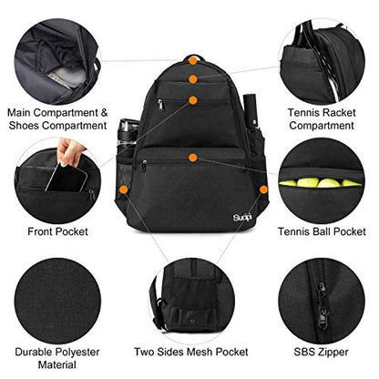 Tennis Bag Professional Tennis Backpack for Men and Women Racket Bags Holds 2 Rackets with Ventilated Shoe Compartment - color: Black
