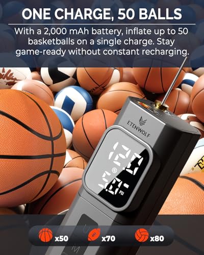 ETENWOLF P200 Electric Ball Pump 2000mAh Sports Air Pump with Digital Pressure Gauge, Fast Inflation & Deflation for Basketball Soccer Volleyball Football