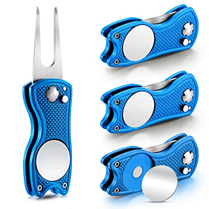 Skylety 4 Pcs Golf Divot Repair Tool Metal Foldable Golf Divot Tool with Magnetic Pop-up Button Ball Marker Stainless Steel Switchblade for Golfers Prizes - color: Blue