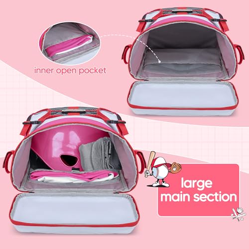 Smasrob Youth Baseball Bag for T Ball, Rec and Travel Ball, Softball Bag with Helmet Holder and Fence Hook - color: Pink