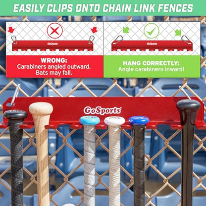 GoSports Baseball & Softball Bat Racks - Black or Red, Holds 16 Bats - Mount on Wall or Clip on Dugout Fence - color: Red