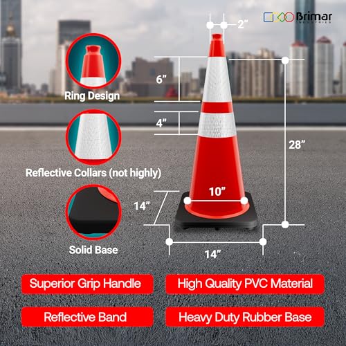 Brimar 28 Inch Performance Cones, 4 Pack, Orange PVC Traffic Safety Cones with 10 lb. Black Base for Construction, Road Parking, MUTCD Approved, Highly Reflective Bands, Structurally Stable, Wearproof - size: 10 lb.