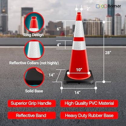 Brimar 28 Inch Performance Cones, 4 Pack, Orange PVC Traffic Safety Cones with 10 lb. Black Base for Construction, Road Parking, MUTCD Approved, Highly Reflective Bands, Structurally Stable, Wearproof - size: 10 lb.