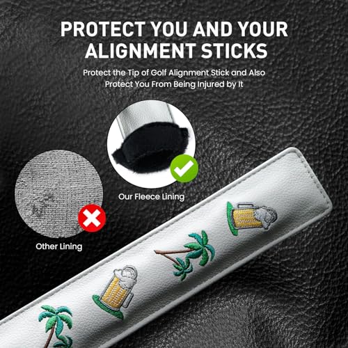 FINGER TEN Golf Alignment Stick Cover Headcover Rods Holder Case Leather 14''× 2'' in USA Black White Green Hold At Least 2 Sticks - color: Palm Tree Beer